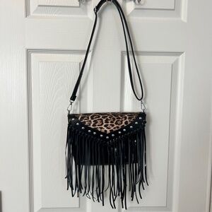 Leopard Print Fringe Crossbody Bag Black Leather Studded Tassel Western Boho